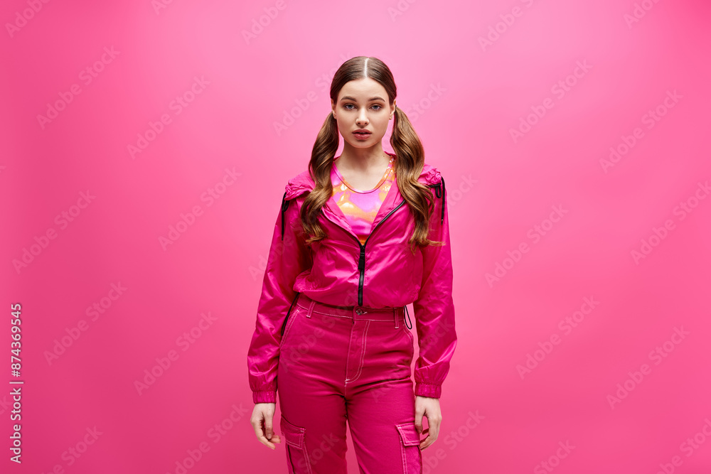 A young, stylish woman in her 20s wearing a pink outfit poses elegantly in front of a matching pink background. A young, stylish woman in her 20s wearing a pink outfit poses elegantly in front of a matching pink background.