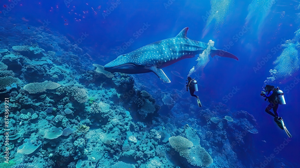 Fototapeta premium group of scuba diving student in tropical ocean coral reef sea under water with big whale