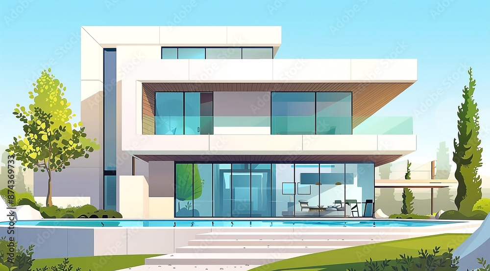 Modern Villa with Glass Windows and Flat Roof - Cartoon Style Vector Illustration Modern Villa with Glass Windows and Flat Roof - Cartoon Style Vector Illustration