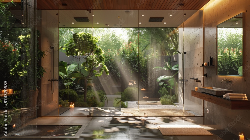 Fototapeta premium A modern bathroom with large glass windows overlooking a lush, tropical garden. Sunlight streams through the trees, creating a relaxing and serene atmosphere.