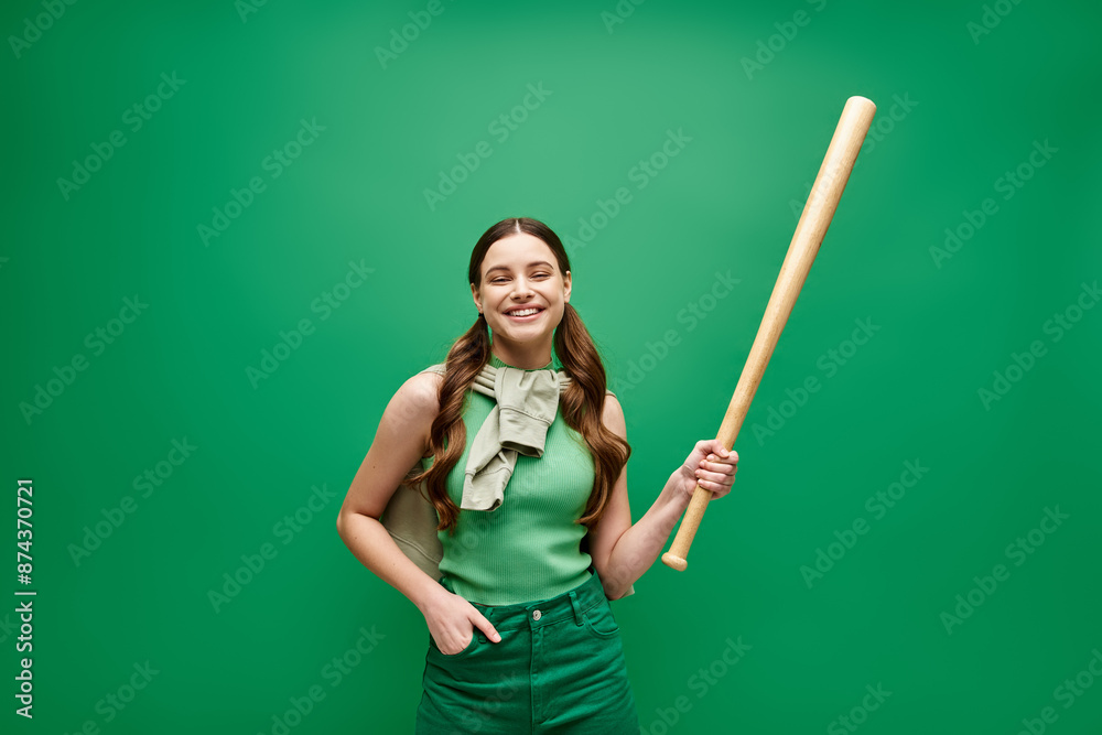 A young woman in her 20s confidently holds a baseball bat against a striking green background. A young woman in her 20s confidently holds a baseball bat against a striking green background.