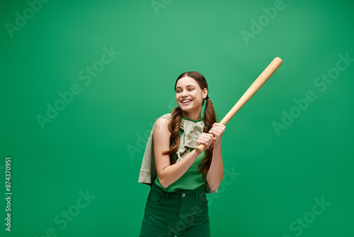 A young woman in her 20s holds a baseball bat confidently against a vibrant green background, exuding strength and determination.