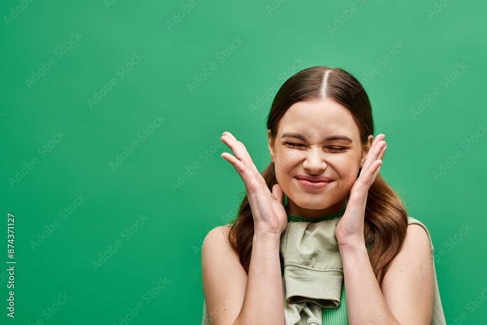 A young woman in her 20s stands with her hands near her face, revealing only glimpses of her beauty. A young woman in her 20s stands with her hands near her face, revealing only glimpses of her beauty.