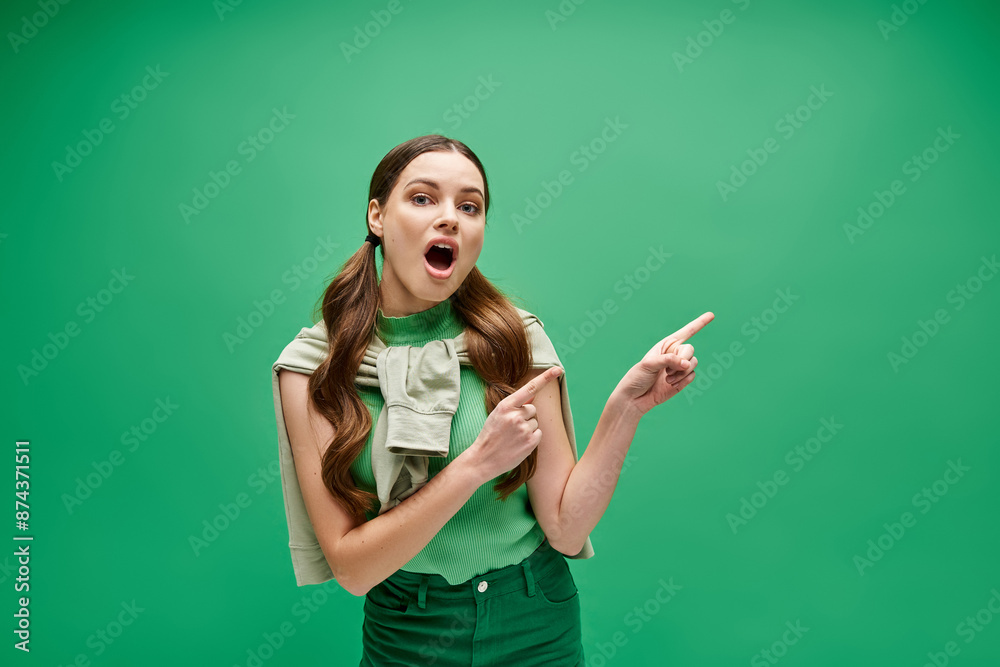 A young woman in her 20s, dressed in a green shirt, is pointing at something off-screen with a curious expression. A young woman in her 20s, dressed in a green shirt, is pointing at something off-screen with a curious expression.