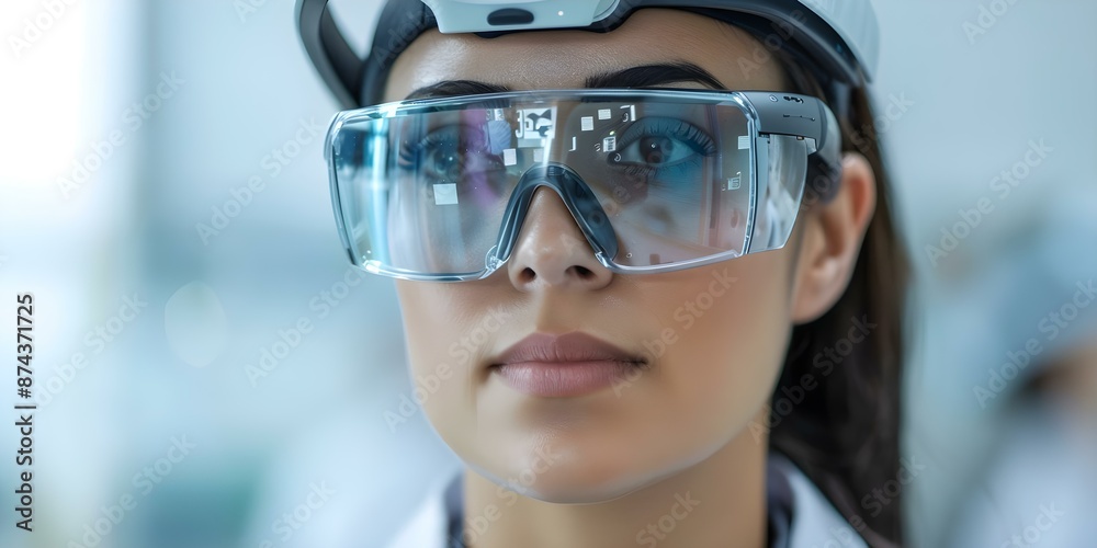 Woman in lab wearing AR glasses for augmented reality experience. Concept Technology, Augmented Reality, Lab Environment, Women in STEM, Wearable Technology Woman in lab wearing AR glasses for augmented reality experience. Concept Technology, Augmented Reality, Lab Environment, Women in STEM, Wearable Technology