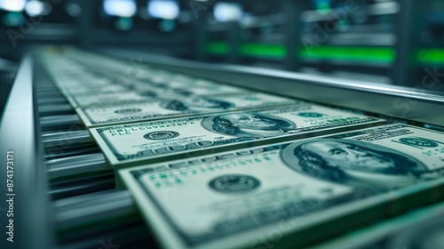 Closeup of freshly printed banknotes on a conveyor belt, Realistic, Green and white tones, Detailed money and machinery textures photo