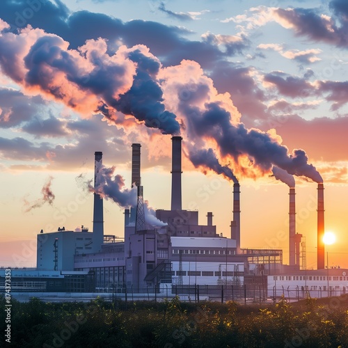 Energy generation plant with chimneys. Dirty electricity production. Gas electro station