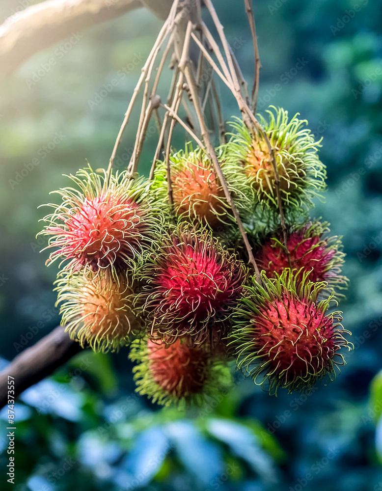 Sweet Pile of fresh red Rambutan fruit still hanging on the tree Sweet Pile of fresh red Rambutan fruit still hanging on the tree
