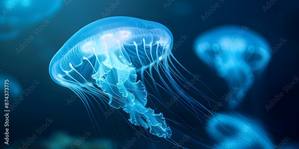 Peaceful nocturnal aquarium display of serene bioluminescent jellyfish in soft glowing light. Concept Bioluminescent Jellyfish, Nocturnal Aquarium, Serene Display, Soft Glowing Light Peaceful nocturnal aquarium display of serene bioluminescent jellyfish in soft glowing light. Concept Bioluminescent Jellyfish, Nocturnal Aquarium, Serene Display, Soft Glowing Light