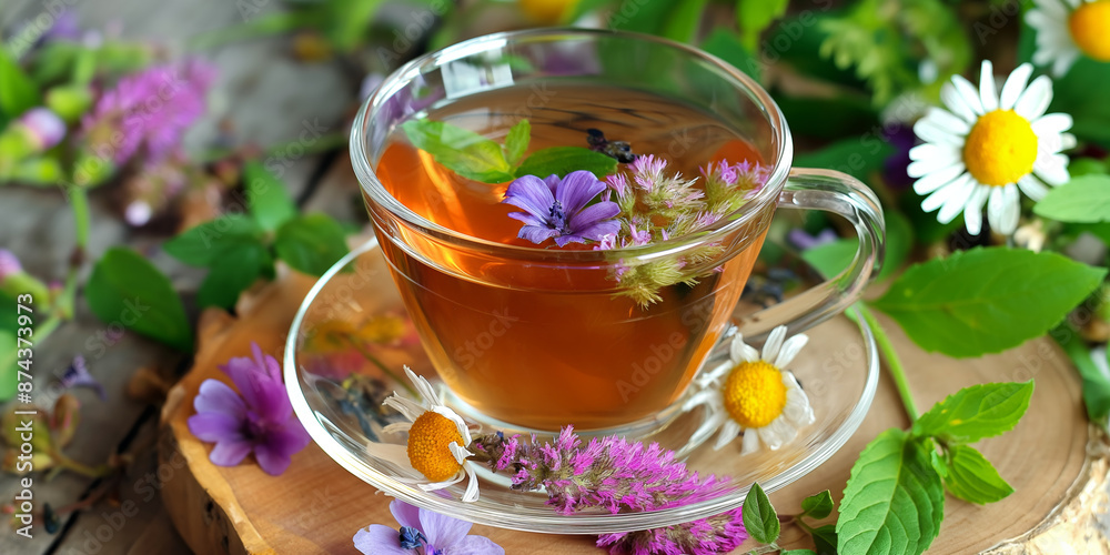 This image presents a cup of herbal tea with wildflowers arranged around it in a natural, rustic setting, symbolizing relaxation, wellness, and the beauty of organic, healthy living. This image presents a cup of herbal tea with wildflowers arranged around it in a natural, rustic setting, symbolizing relaxation, wellness, and the beauty of organic, healthy living.