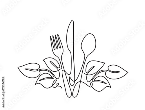 Logo design organic food. Continuous one line drawing of fork, knife, spoon and leafs design icon vector illustration	