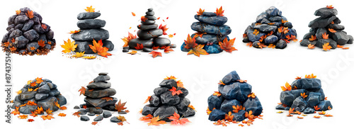 Set of black stones with fall leaves on a transparent background