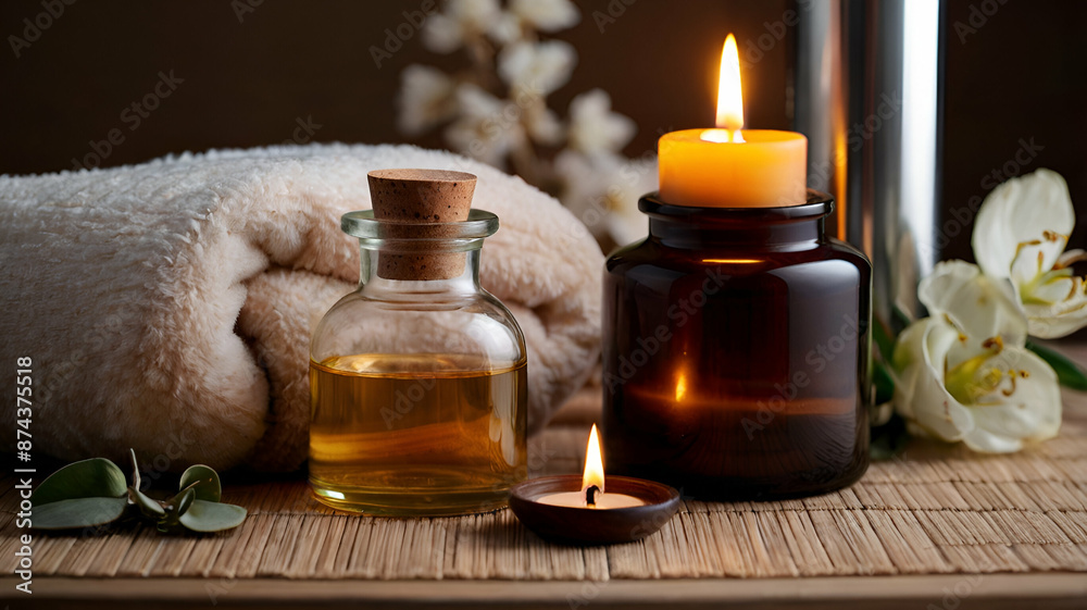 Bottles with aromatic oils, a lit fragrant candle, towel Bottles with aromatic oils, a lit fragrant candle, towel