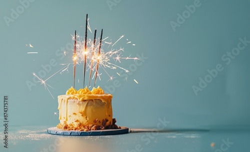 Yellow Cake With Sparklers on a Cake Stand Against a Teal Background