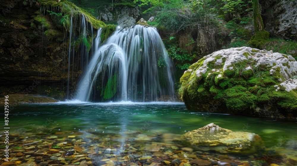A serene waterfall in a hidden glade, with moss-covered rocks and clear, cool water flowing into a pool below. A serene waterfall in a hidden glade, with moss-covered rocks and clear, cool water flowing into a pool below.