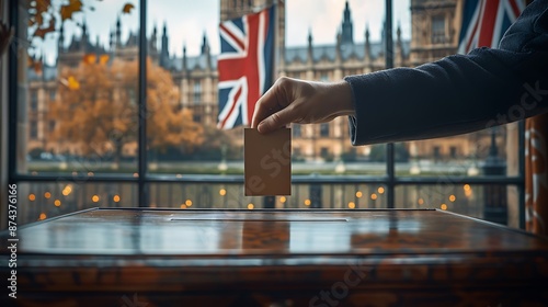  UK voter with ballot paper in hand and United Kingdom flag 