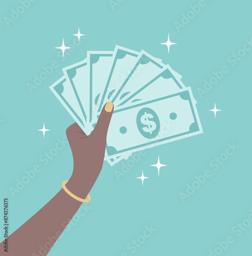 Black woman's hand holding paper dollar bills on a green background. Vector illustration in flat style