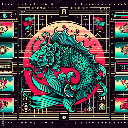 creative interpretation eight auspicious symbols rendered synthwave style synthwave fish illustrations photo