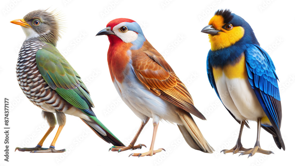 Three birds of different colors are standing next to each other Three birds of different colors are standing next to each other