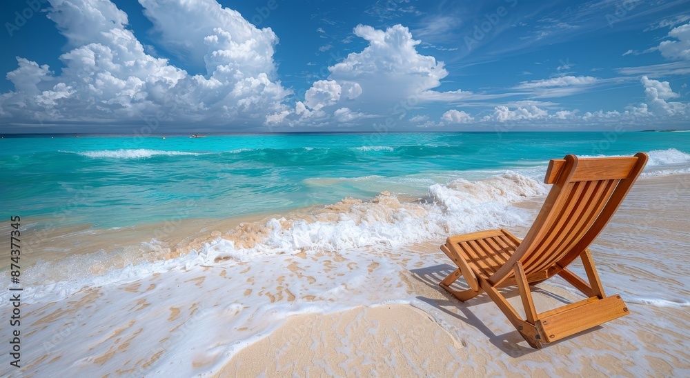 Wooden beach chair on a sandy shore, facing a turquoise ocean under a bright blue sky with fluffy clouds. Wooden beach chair on a sandy shore, facing a turquoise ocean under a bright blue sky with fluffy clouds.
