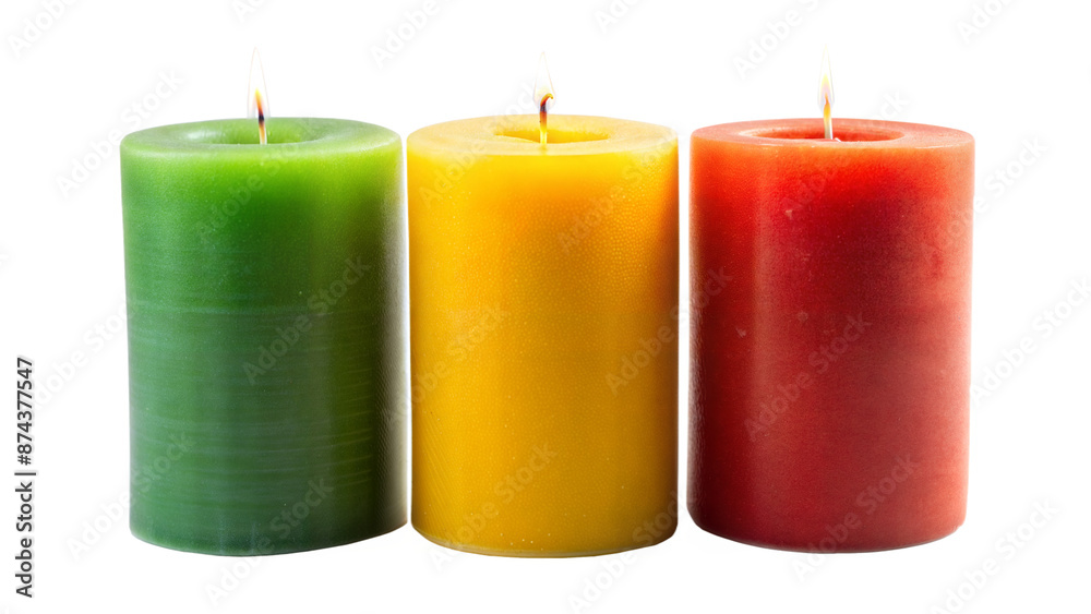 Three candles of different colors are lit up Three candles of different colors are lit up