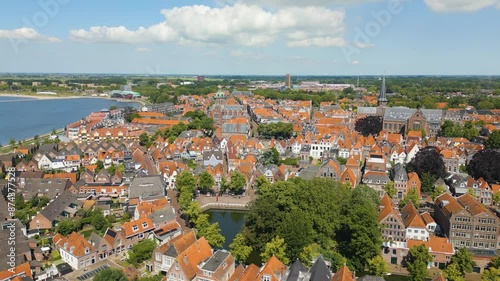 Aerial drone video of the city center in the typical dutch town of Hoorn, the Netherlands.