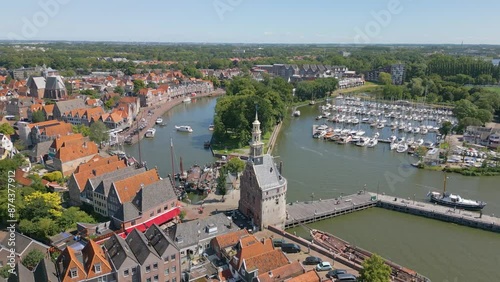 Aerial drone video of the city center in the typical dutch town of Hoorn, the Netherlands.