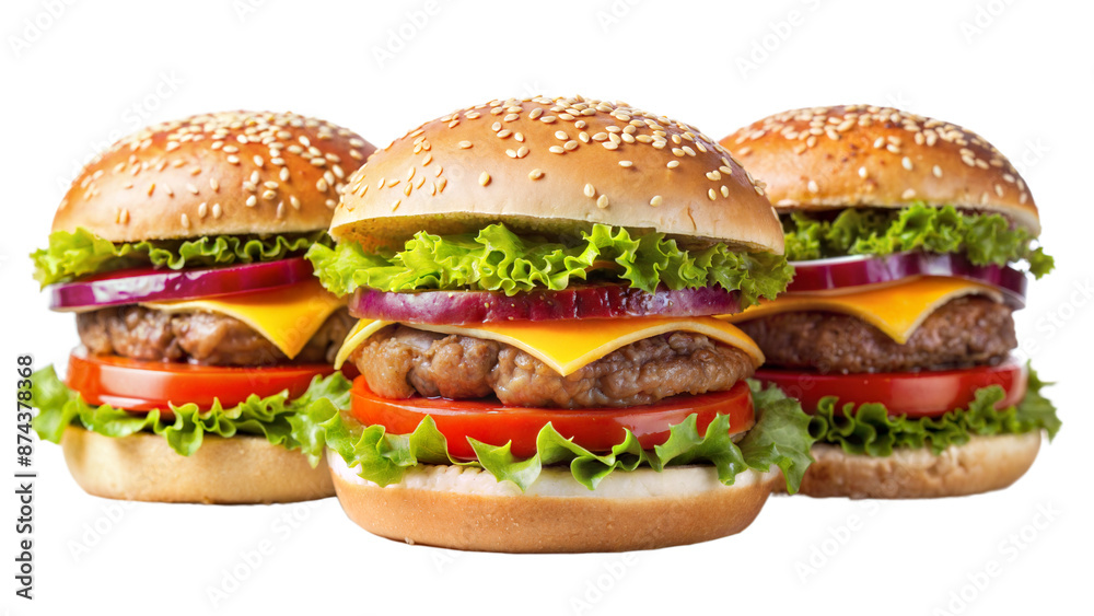 Three hamburgers with lettuce, tomato, and cheese Three hamburgers with lettuce, tomato, and cheese