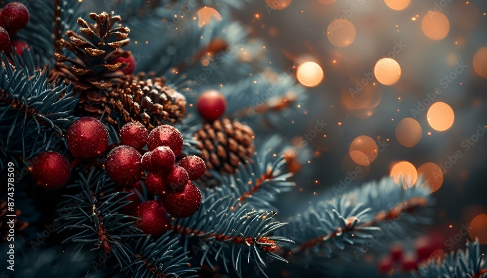 Festive Christmas tree adorned with berries and pine cones. Festive Christmas tree adorned with berries and pine cones.
