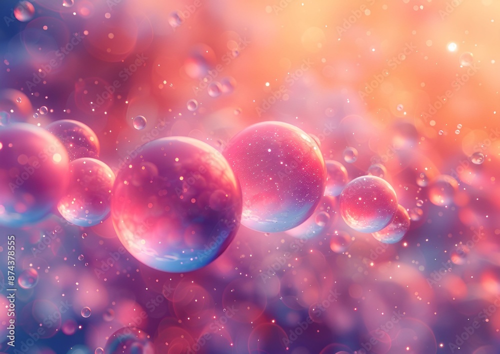 Pink and blue liquid bubbles suspended in mid-air. Pink and blue liquid bubbles suspended in mid-air.