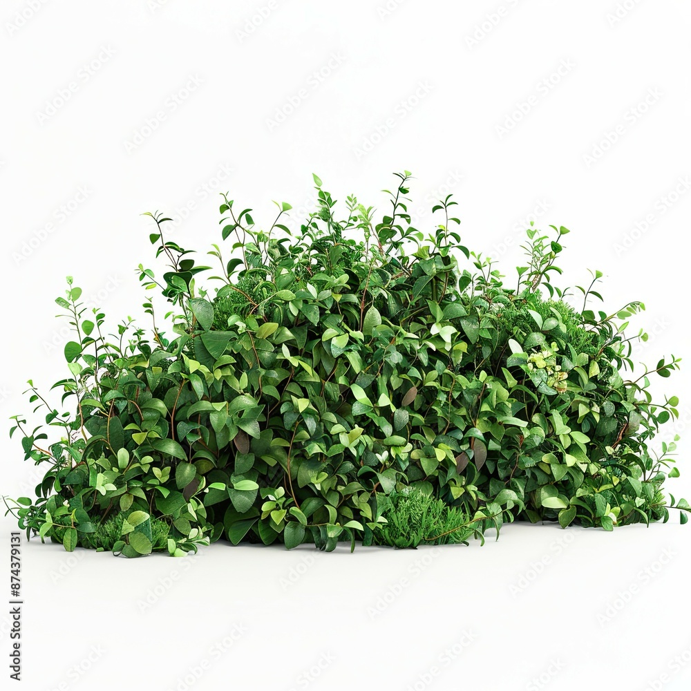 A fluffy and dense full bush plant including a lot of big green leaves and a little bit of small flowers isolated on a white background