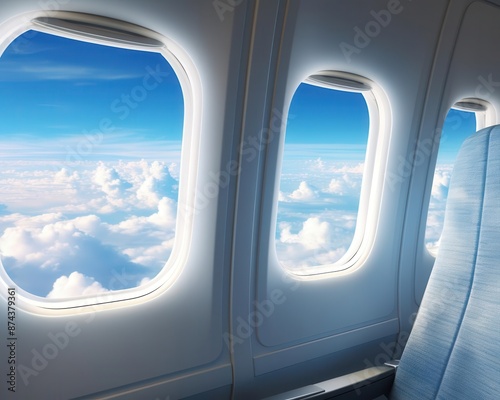 View from an airplane window showing beautiful clouds and blue sky, with an empty seat by the window. Perfect travel and aviation photo.