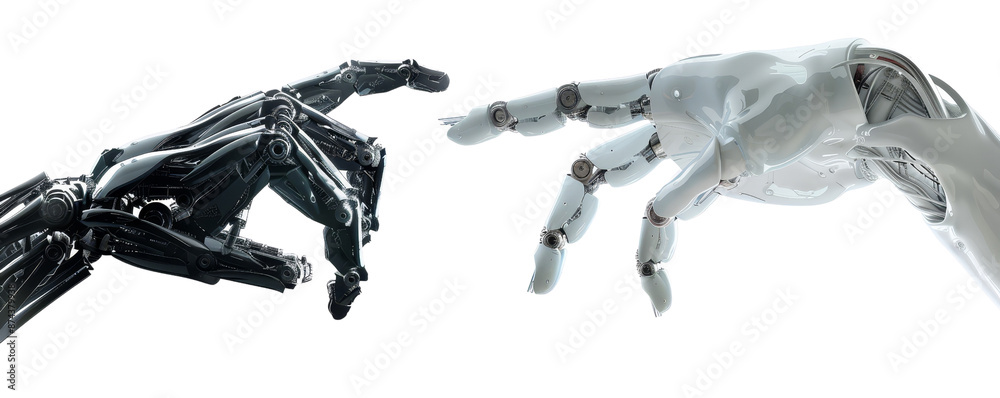 Black and White Robotic Hands Reaching Towards Each Other Isolated on White Background, PNG File Black and White Robotic Hands Reaching Towards Each Other Isolated on White Background, PNG File