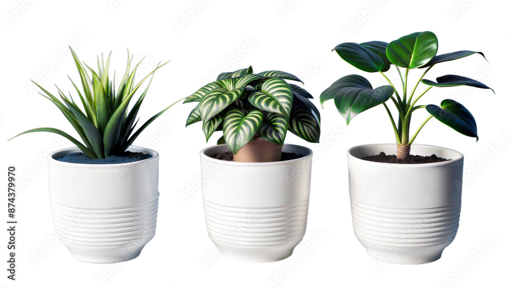 Fototapeta premium Three potted plants are lined up in a row, with one of them being a fake plant