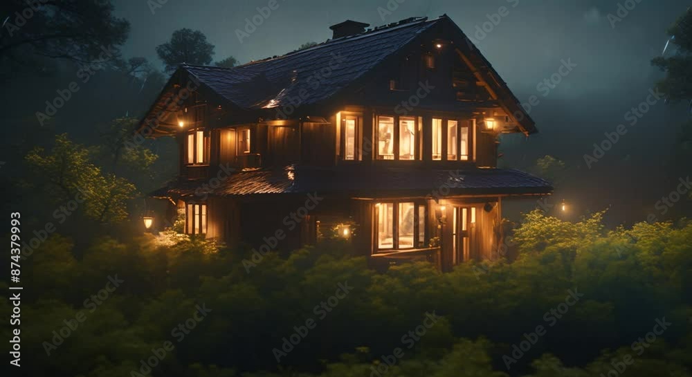 Glowing house nestled amidst the mystical forest illuminated by the gentle rain under the veil of night A serene nocturSeamless looping time lapse virtual video animation background 4k animation Glowing house nestled amidst the mystical forest illuminated by the gentle rain under the veil of night A serene nocturSeamless looping time lapse virtual video animation background 4k animation