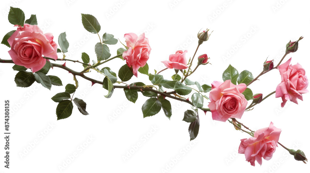 Pink Rose Branch with Buds Isolated on White Background, PNG File Pink Rose Branch with Buds Isolated on White Background, PNG File