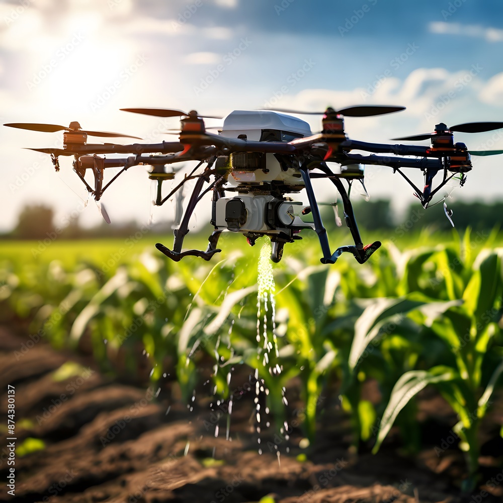Drone pouring water in to the farm field
