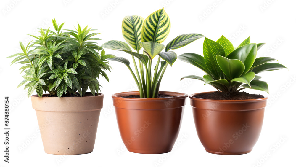 Obraz premium Three potted plants are lined up in a row, with one of them being fake