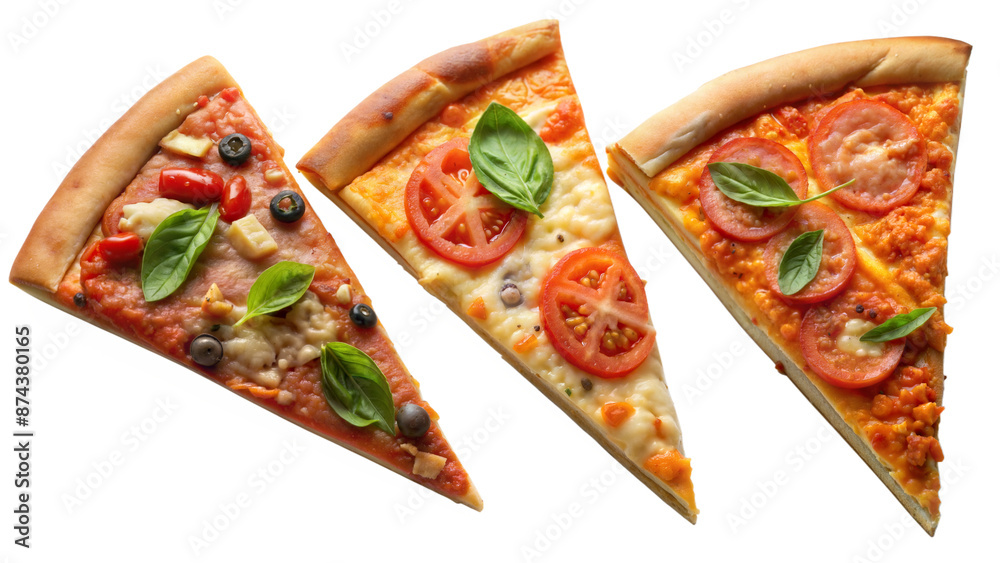 Three slices of pizza with different toppings Three slices of pizza with different toppings