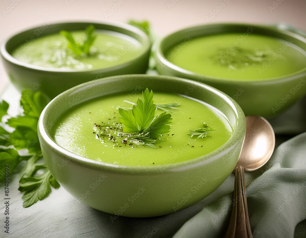 A vibrant green soup in bowls garnished with herbs A vibrant green soup in bowls garnished with herbs