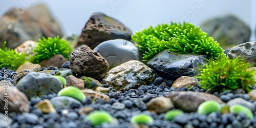 Photo of brown rocks and moss for aquarium decor on isolated background. Concept Aquarium Decor, Brown Rocks, Moss, Isolated Background, Nature Inspired © Anastasiia