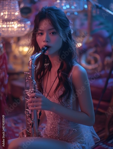 beautiful woman plays saxophone photo