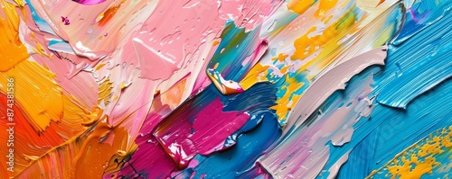 Abstract colorful oil painting on canvas. Oil paint texture with brush and palette knife strokes. Multi colored wallpaper. Macro close up acrylic background. Modern art concept. Horizontal fragment, 