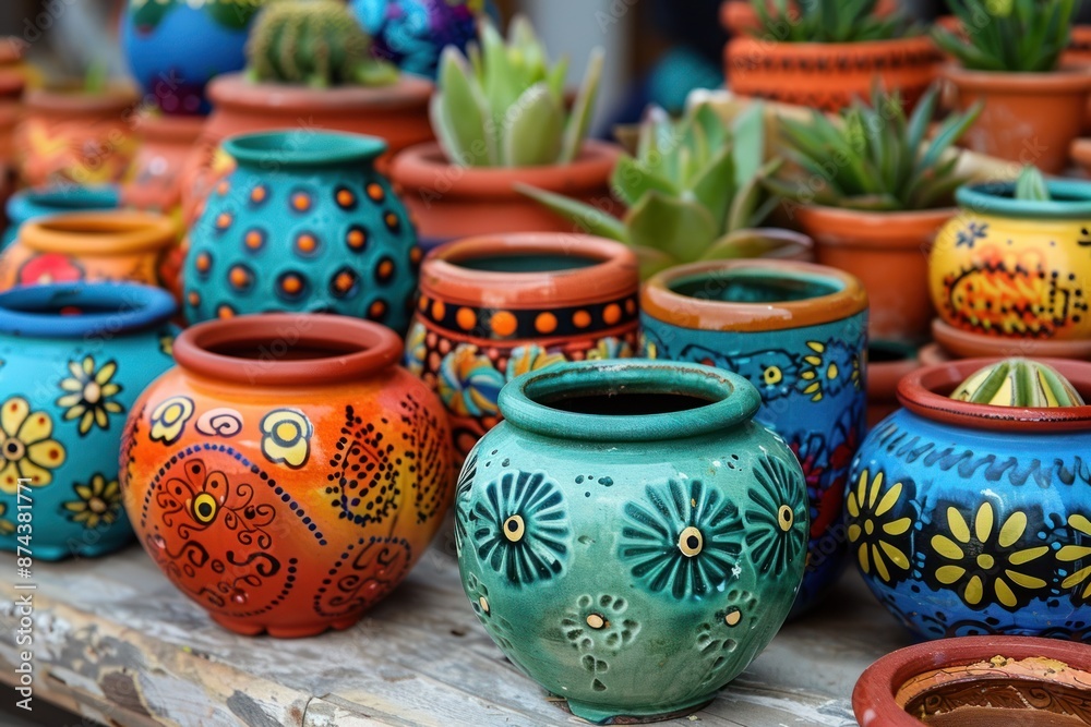 A variety of colorful ceramic pots, each hand-painted with intricate designs, are displayed for sale at a market stall A variety of colorful ceramic pots, each hand-painted with intricate designs, are displayed for sale at a market stall