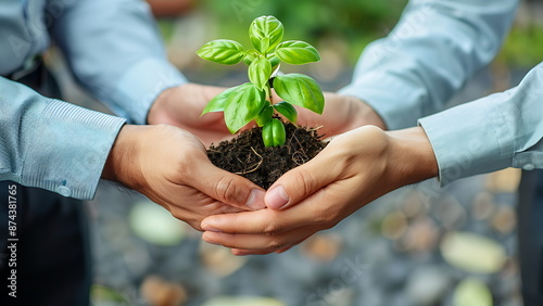 businessman hand holding small plant together