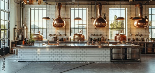 Modern Industrial Brewery Interior With Copper Kettles and Large Windows