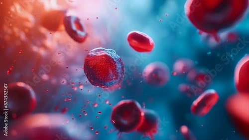 A magnified image shows red blood cells and a pathogenic bacterium in a human bloodstream. Red and blue tones highlight cellular structures. The scene conveys a microscopic view of blood capillaries. photo