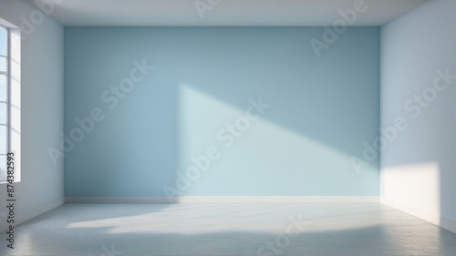 Minimalist Blue and White Empty Room, A sun-drenched empty room with a soft blue accent wall and clean white surfaces. The interplay of light and shadow highlights the room's spaciousness 