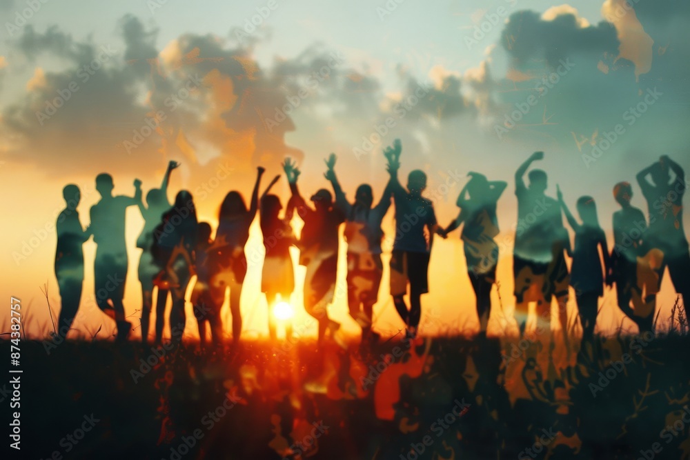 Joyful silhouettes at sunset with dreamlike abstract overlay