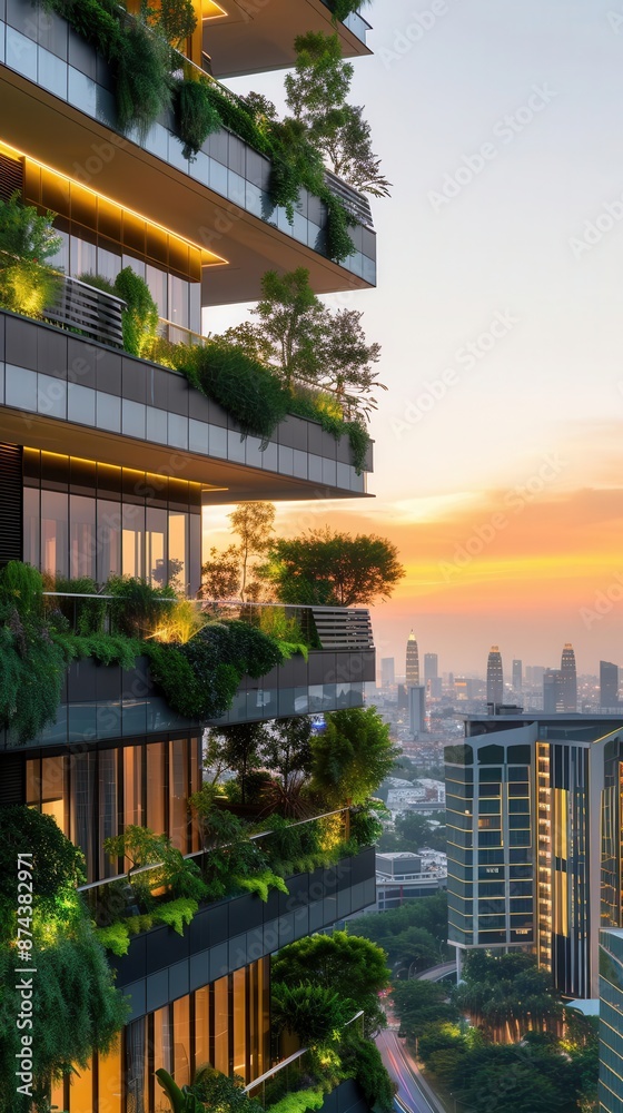Fototapeta premium Modern high-rise building with lush greenery and balconies, sunset cityscape in the background.